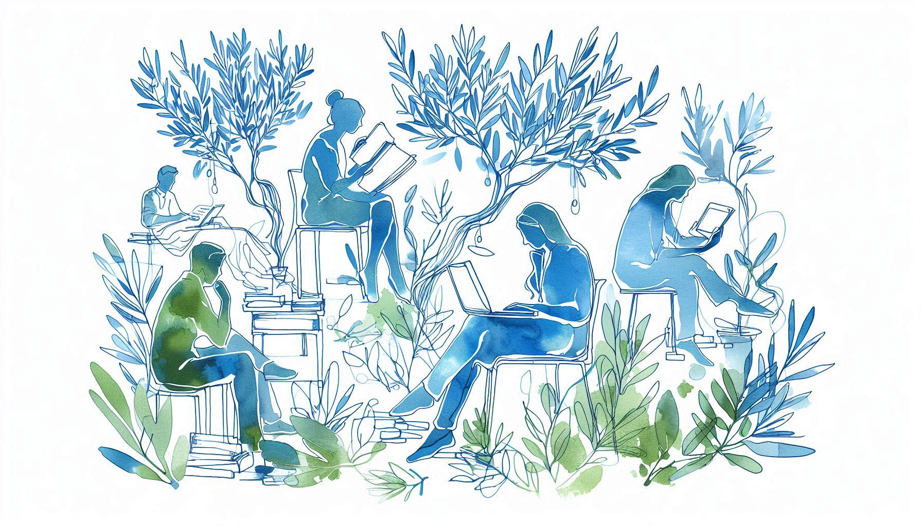 Variety of people reading on laptops in nature